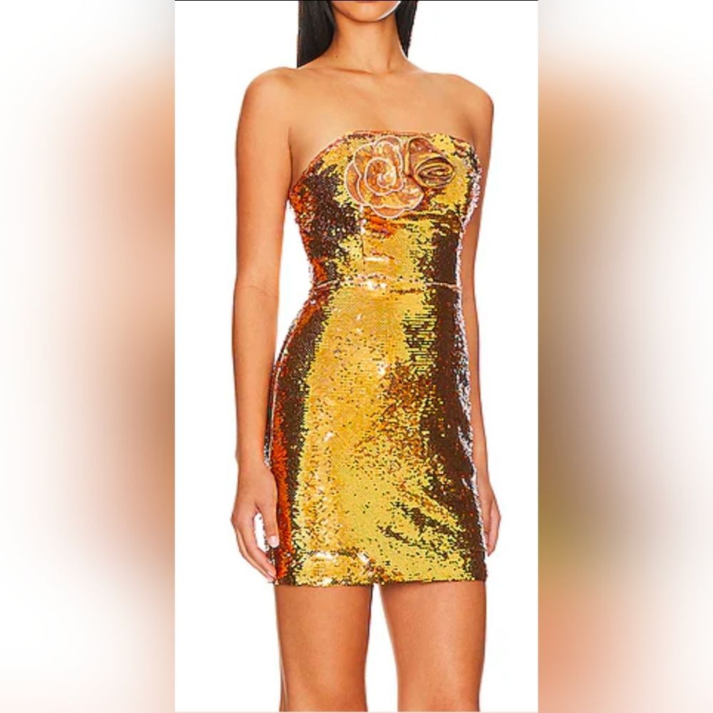 NWT Sascha 3D Sequin Gold Rosette Mini Dress Strapless Prom Formal Party Fairy 8